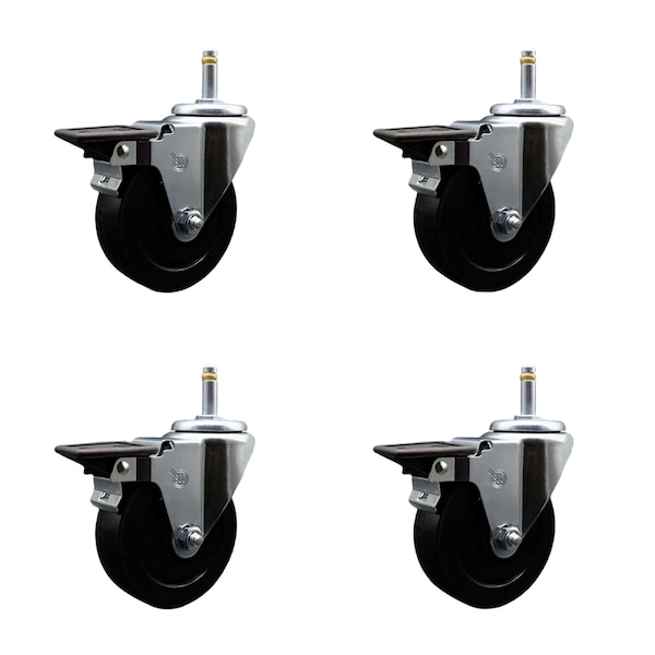 4'' Soft Rubber Wheel Swivel 7/16'' Grip Ring Stem Caster Set with Brake, 4PK